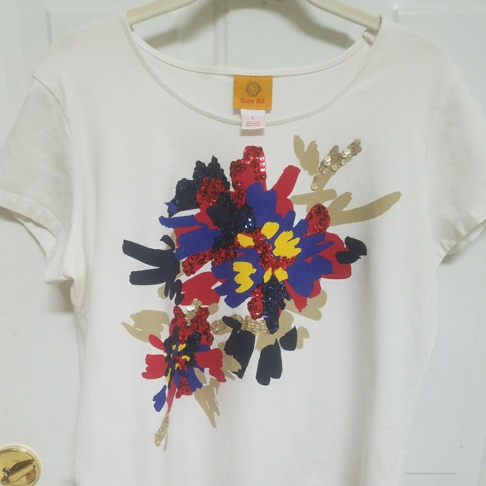 Ruby Rd Sz L Cap Sleeve White Sequined Flowers